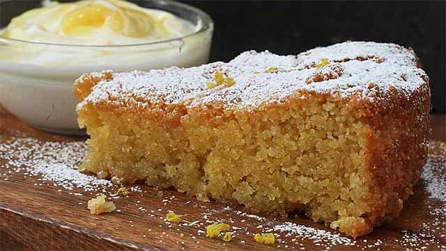 Freshly baked lemon cake with powdered sugar